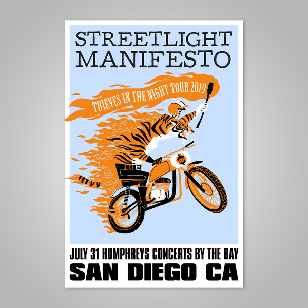 Streetlight Manifesto "Thieves in the Night Tour 2019 SAN DIEGO" Dirt Bike Tiger Screen Print Poster