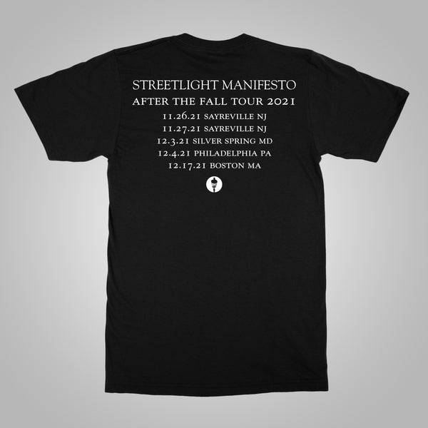 Official Tour shirt for 2021 Streetlight Manifesto "After the Fall" tour shirt with tour dates listed on back.