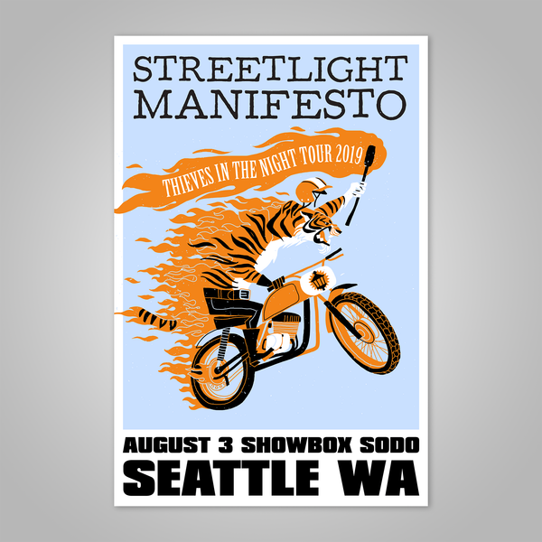 Streetlight Manifesto "Thieves in the Night Tour 2019 SEATTLE" Dirt Bike Tiger Screen Print Poster