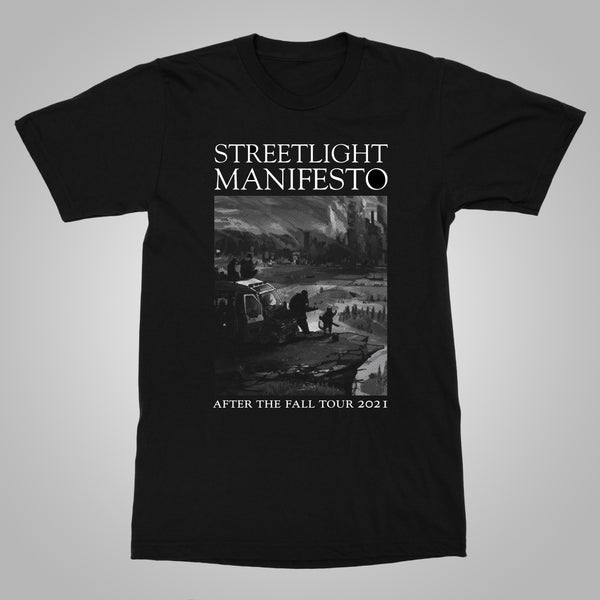 Official Tour shirt for 2021 Streetlight Manifesto "After the Fall" tour shirt with tour dates listed on back.